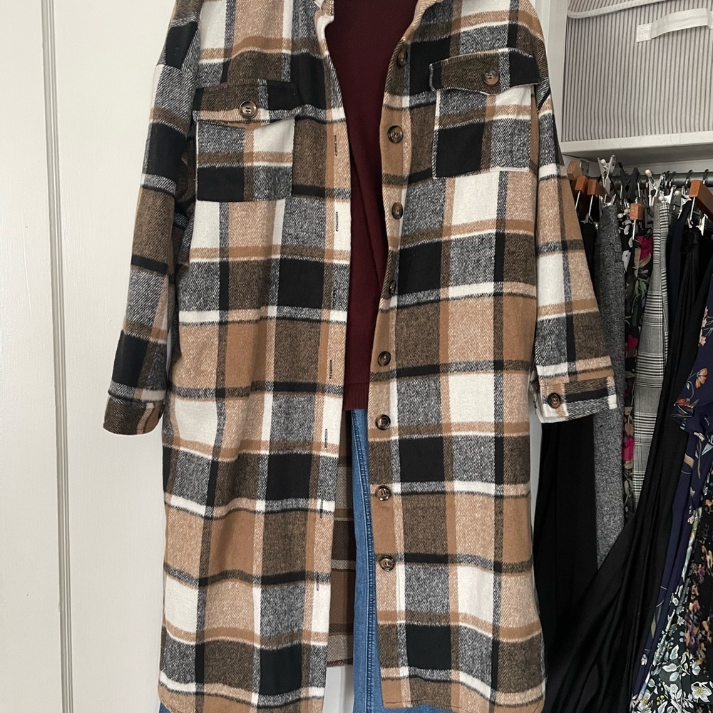 Plaid Longline Shacket  - Black, White, Tan